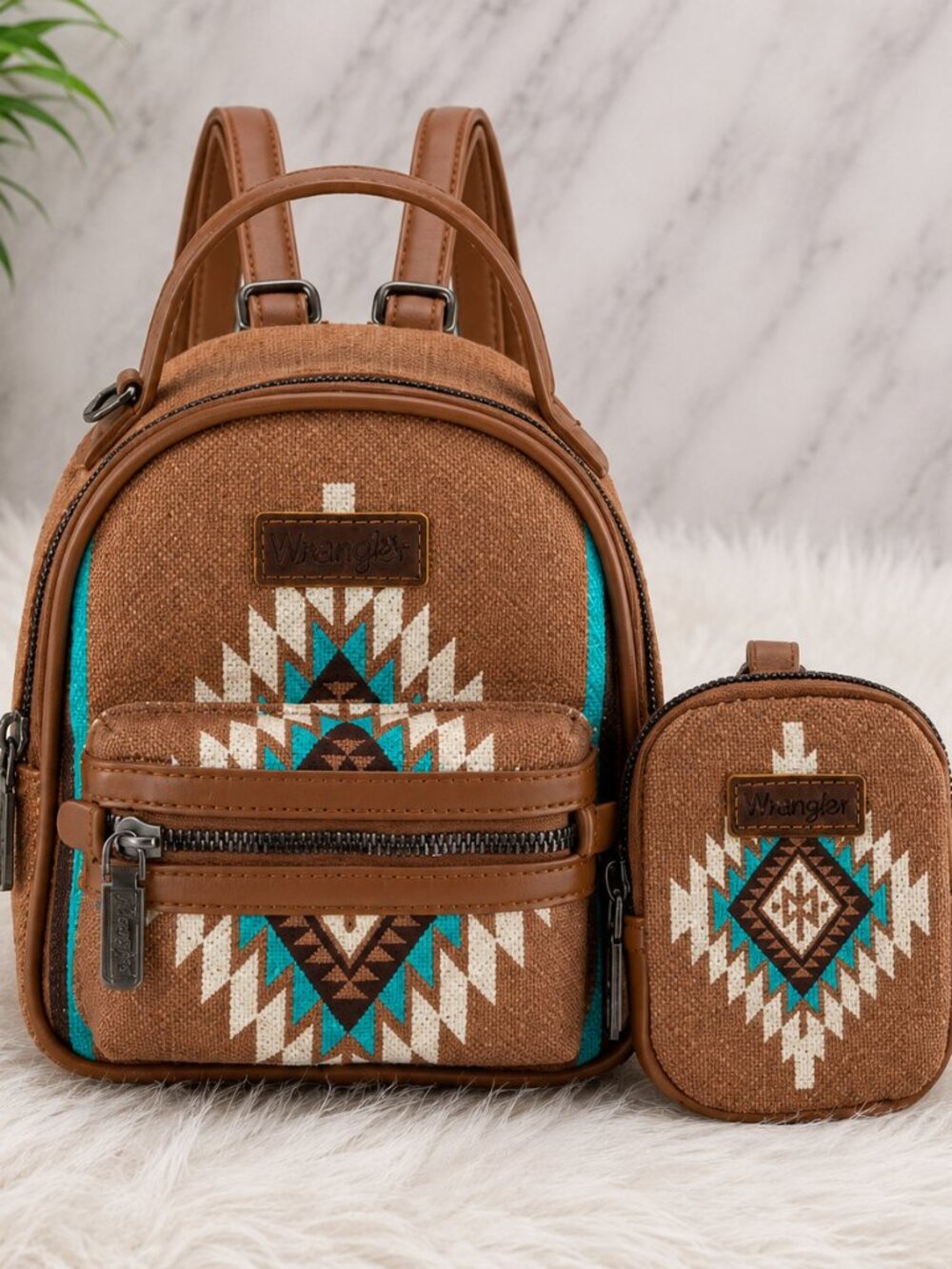 Wrangler Brown & Turquoise Aztec Mini Backpack with Matching Pouch